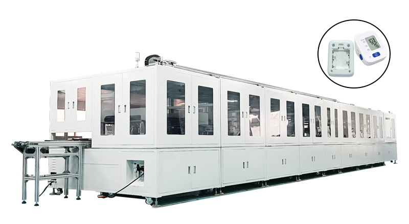  聯(lián)翊電子血壓計(jì)自動(dòng)組裝線一條非標(biāo)結(jié)構(gòu)進(jìn)行組裝，區(qū)分良品及不良品，自動(dòng)分揀的自動(dòng)化流水線